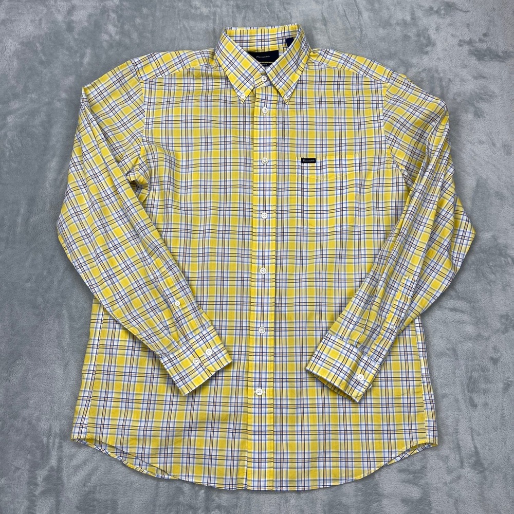 Faconnable Shirt Mens Medium Yellow Plaid Classique Chest Pocket Button Down